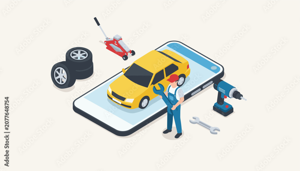 Naklejka premium Isometric mobile car repair concept showing a yellow car on a smartphone screen, a mechanic, and various tools.