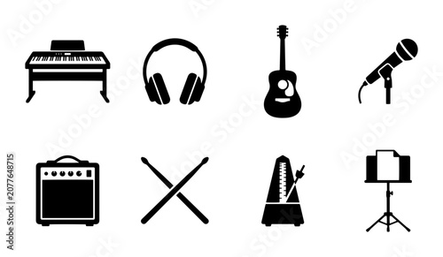 Tableau sur toile Music Icons Set: Keyboard, Guitar, Microphone, Headphones, Drums, Amp, Metronome