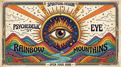 Slika na platnu Psychedelic Eye Rainbow Mountains Spiritual Vision Open Mind Art