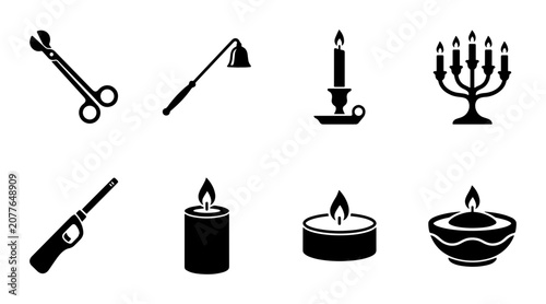 Obraz na płótnie Candle Accessories and Lighting Tools Vector Icons Set, Flameless and Traditiona