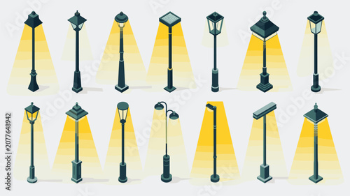 Street lamp collection featuring diverse isometric lighting fixtures with glowing yellow cones arranged on a neutral light grey background for urban planning projects.