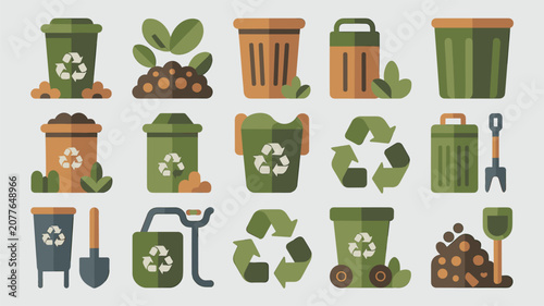 Recycling and gardening icons including trash bins, shovels, and compost piles for environmental waste management or sustainable living educational materials.