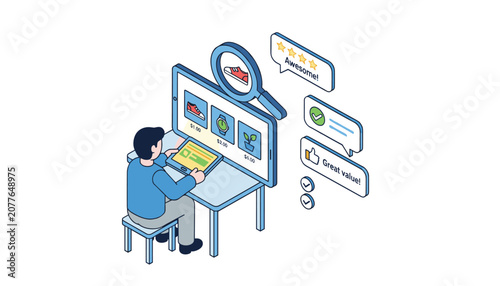 Isometric scene of a man shopping online using a tablet, searching for shoes and reading reviews on a big screen.