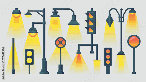 Streetlights and traffic signal icons featuring warm yellow illumination for urban lighting plans or road safety and traffic management presentations.