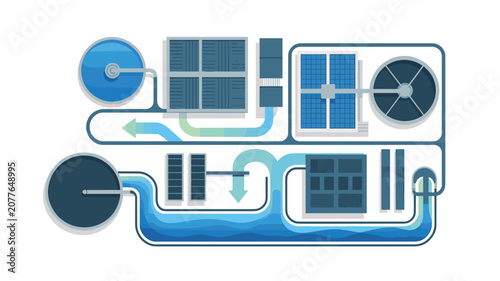 Schematic diagram of a water treatment process displaying circular filtration tanks, directional flow arrows, and purification channels for environmental science and sanitation management.