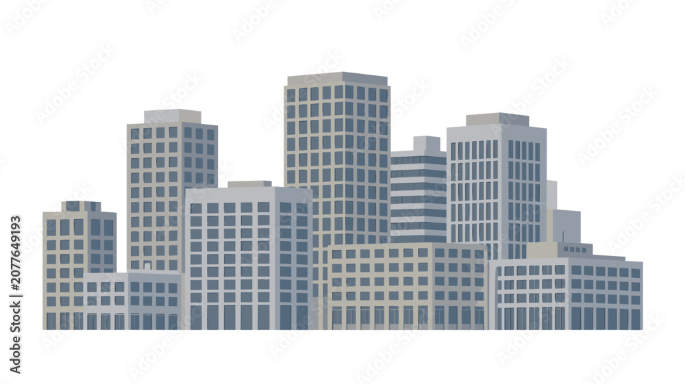 Fototapeta premium Modern office buildings and skyscrapers with grey facades creating a dense urban skyline for architectural and city development planning projects.