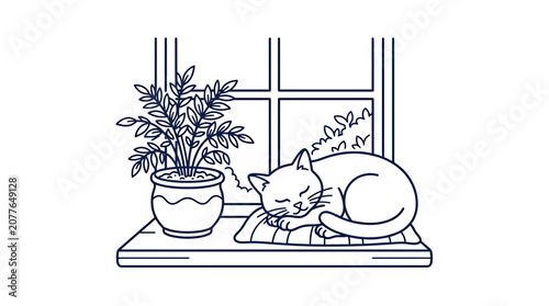 Bild auf Leinwand Cute Cat Sleeping on Window Sill Beside Potted Plant, Cozy Home Illustration