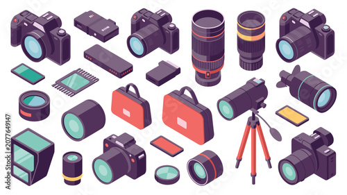 Assorted photography gear including cameras, lenses, tripods, and bags arranged in a flatlay isometric perspective for creative media production.