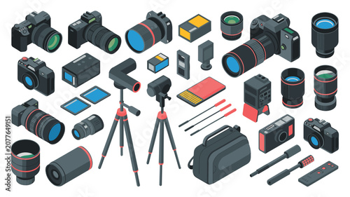 Professional photography gear assortment including camera bodies, interchangeable lenses, portable tripods, and remote shutter controllers for media production studios.
