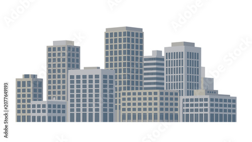 Modern office buildings and skyscrapers with grey facades creating a dense urban skyline for architectural and city development planning projects.