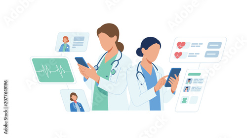 Female doctors in white coats using smartphones to monitor patient health data and heart rate charts in a digital medical interface environment.