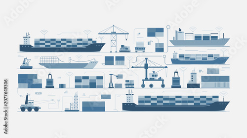 Global maritime logistics network featuring cargo ships, industrial cranes, and shipping containers arranged in horizontal blue monochrome layout for supply chain.