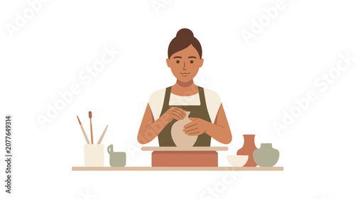 Female artisan shaping wet clay vessel on pottery wheel surrounded by ceramic brushes and finished clay vases in minimalist studio workspace.