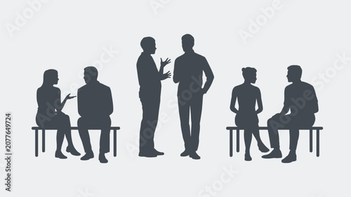 Silhouette figures of people interacting, standing and sitting on benches, showing social communication and networking.
