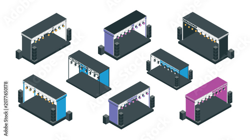 Multiple isometric concert stage designs with varied truss structures and lighting setups isolated on a light background.