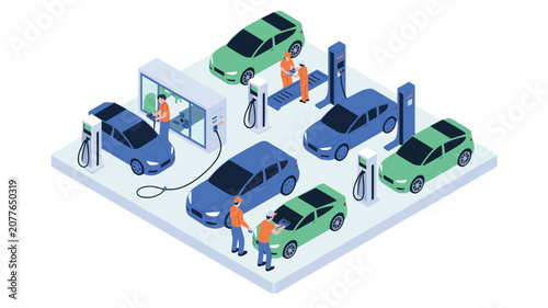 Electric vehicle charging station with multiple cars parked and workers managing cables and monitors in an isometric outdoor parking facility.
