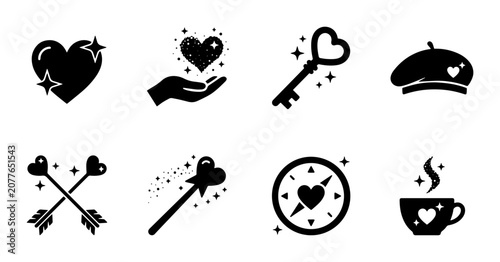 Obraz na plátne 8 Valentine's Day Silhouette Icons, Black and White, for Romantic Celebration De