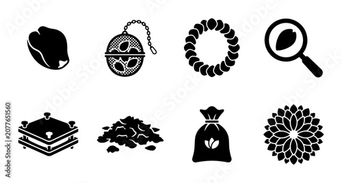 Cuadro en lienzo 8 Botanical Icons: Seed, Tea Infuser, Flower, Magnifying Glass, Bag, Pile, and M