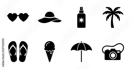Konstfotografi 8 Summer Vacation Silhouette Icons, Flat, for Travel and Leisure