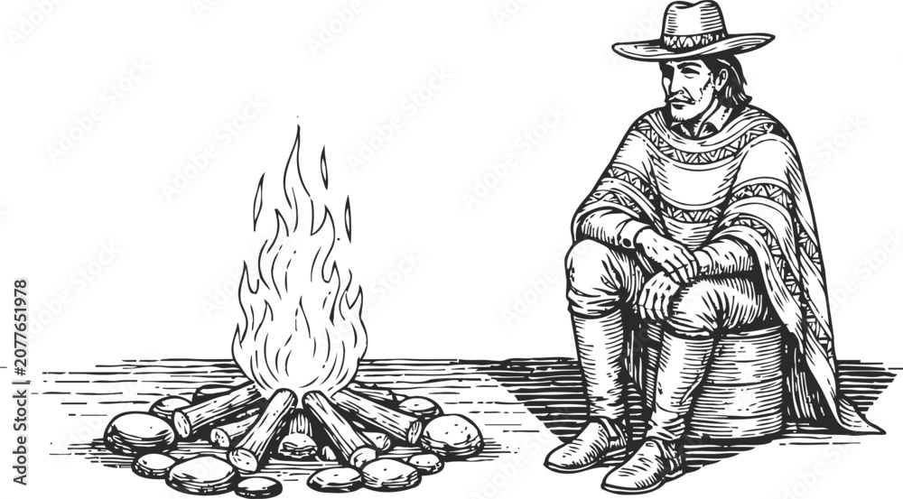 Obraz premium vintage engraving of a man in a hat and poncho sitting by a campfire in wilderness