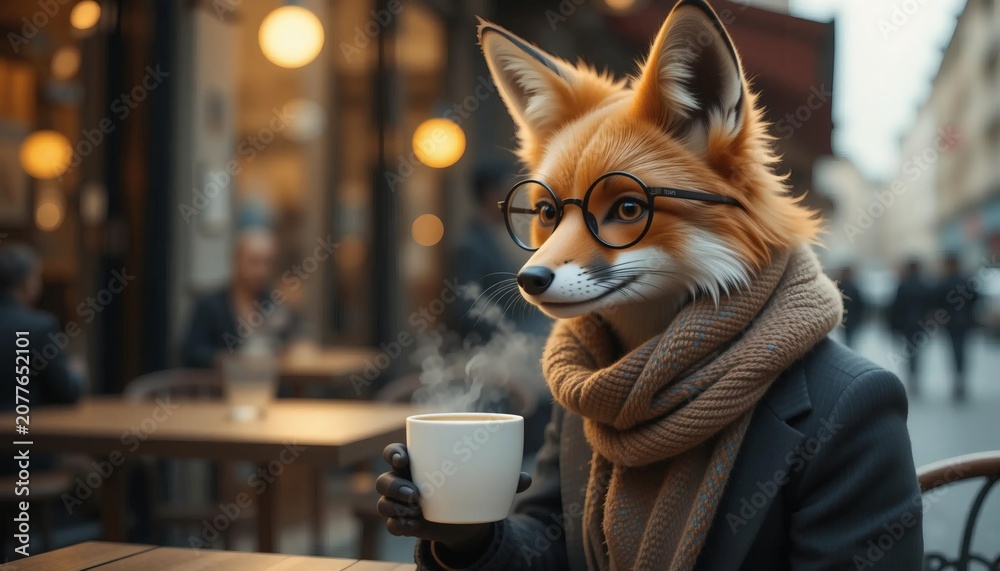 Fototapeta premium Stylish Fox at Cafe Enjoying Cozy Winter Morning