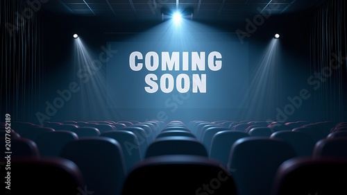 A cinematic theater interior with dramatic red and blue stage lighting illuminating a large 