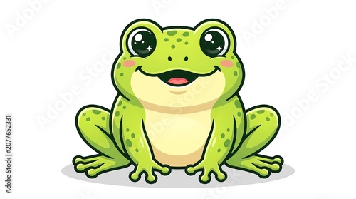 A cute and cheerful green cartoon frog sitting happily with a wide smile and big, sparkling eyes on a clean white background.