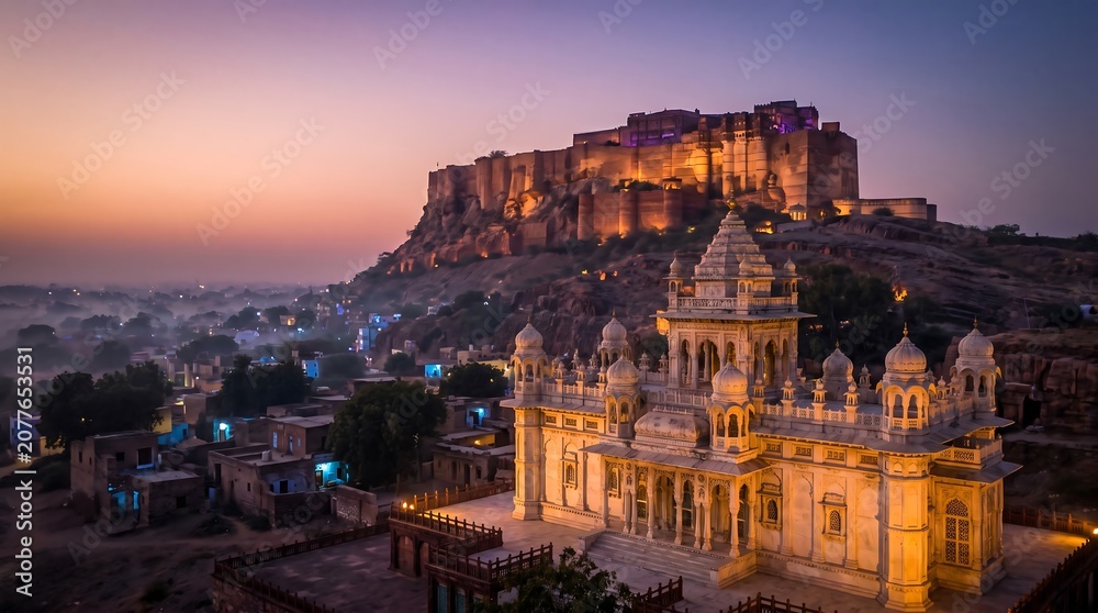 Fototapeta premium Stunning twilight view of Jaswant Thada and Mehrangarh Fort in Jodhpur, India, glowing under a vibrant evening sky with misty city lights.