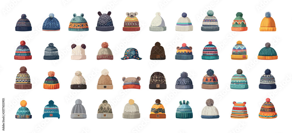 Fototapeta premium Winter hats flat vector set. Beanie woolly knitted caps headwear accessories pompom headgear cold weather clothing cozy warm apparel outdoor wear isolated on white background