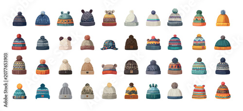 Winter hats flat vector set. Beanie woolly knitted caps headwear accessories pompom headgear cold weather clothing cozy warm apparel outdoor wear isolated on white background