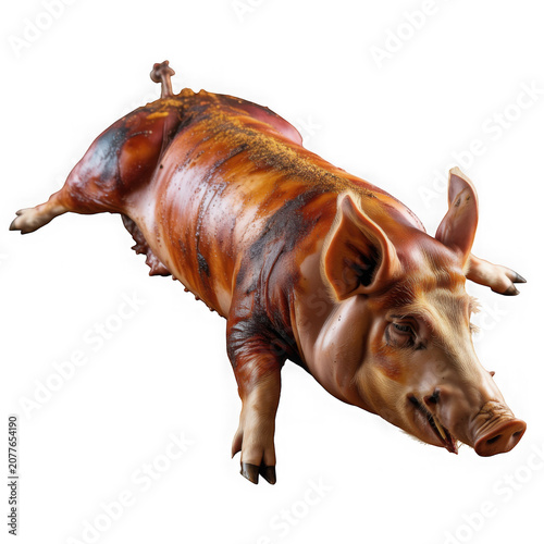 Whole roasted pig with crispy skin, ready to serve isolated on transparent background