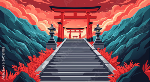 Stairway to Traditional Japanese Torii Gates Vector Illustration Design Featuring Mountains and Crimson Skies for Cultural Backgrounds