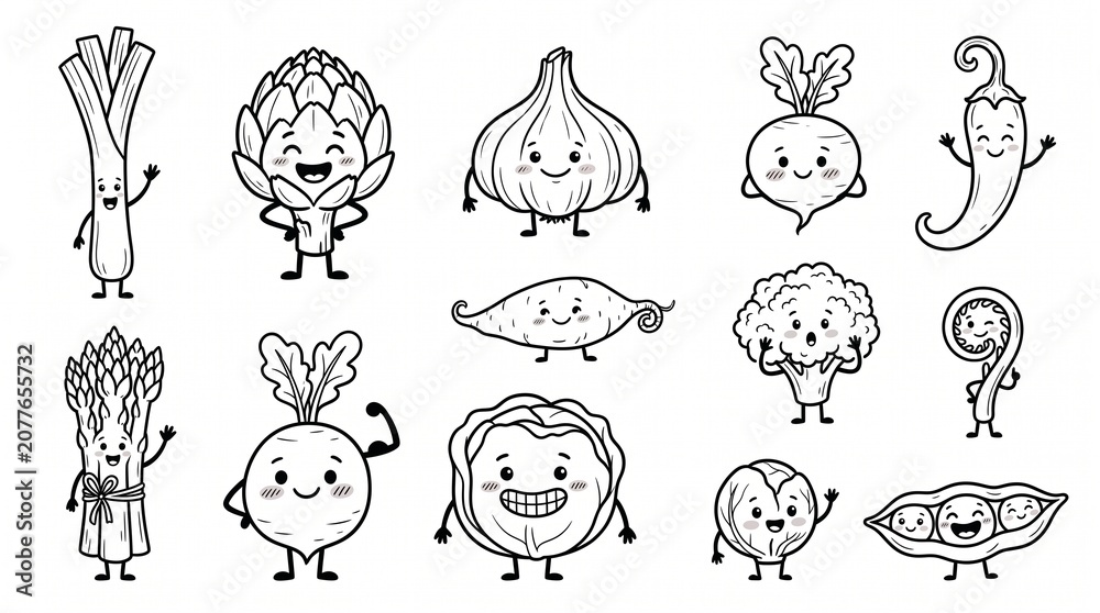 Obraz premium Cartoon Vegetables and Fruits with Expressive Faces in Playful Line Art Style