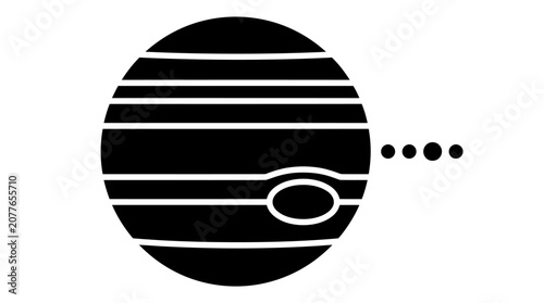 Jupiter planet with stripes and moon silhouette.