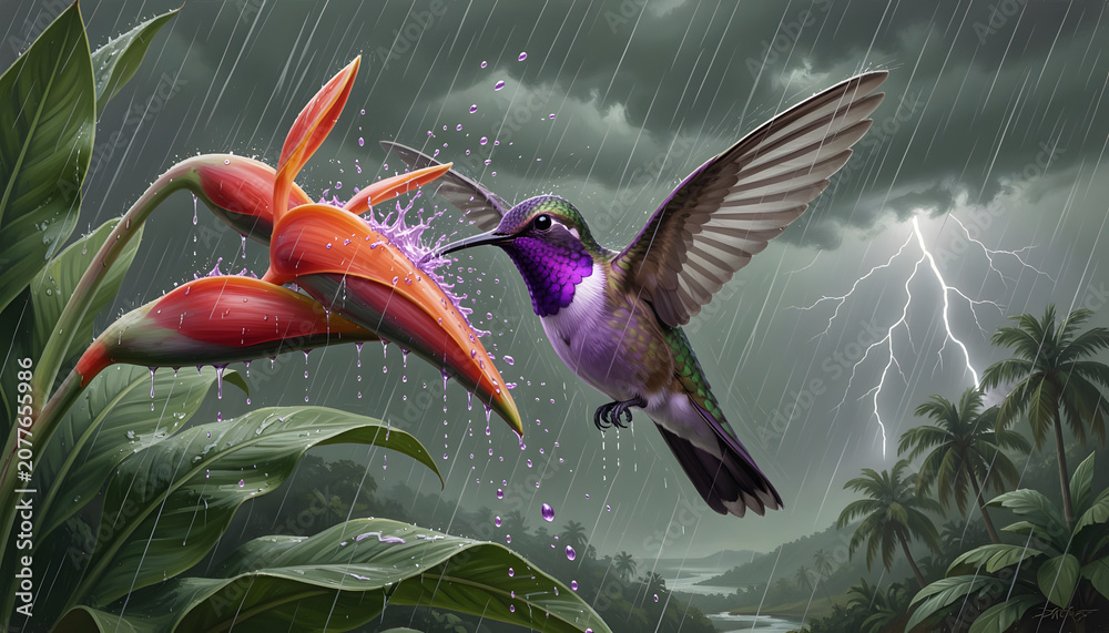 Fototapeta premium A breathtaking hyper-realistic dramatic weather wildlife cinematic oil painting — a tropical rainstorm
