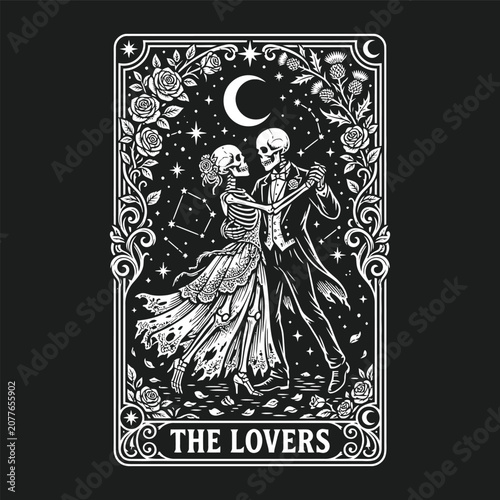 Funny skeleton halloween tarot card the lovers vintage style skeleton couple dancing illustration