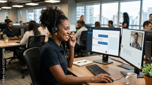 Smiling woman with headset working in a modern office on a video call with a colleague