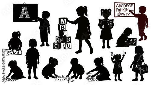 Childhood education concept silhouette illustration of students learning alphabet