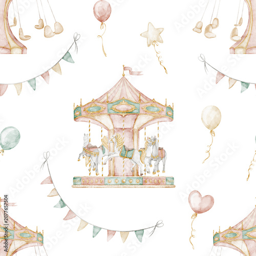 Carousel seamless watercolor pattern, balloons and festive garlands in soft pastel colors. Background with gentle vintage fairground for nursery wallpaper, kids textiles, wrapping paper
