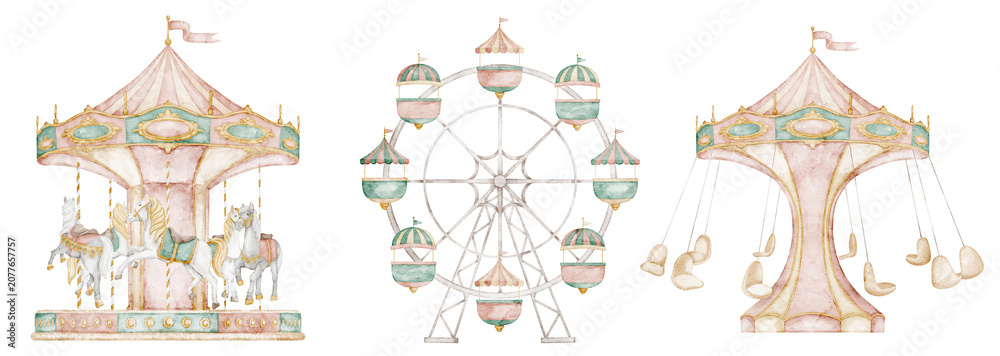 Fototapeta premium Attractions watercolor illustration with carousel and Ferris wheel in soft pastel tones. Clipart with amusement park elements for childish invitations in carnival style and nursery posters