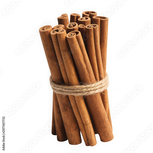 Bundle of cinnamon sticks tied with rope isolated on transparent background