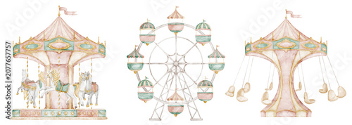 Attractions watercolor illustration with carousel and Ferris wheel in soft pastel tones. Clipart with amusement park elements for childish invitations in carnival style and nursery posters