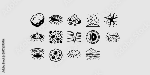 Cuadro en lienzo Icon set collection of geology concepts featuring crater formations, rock fragments, stratigraphic layers, and cross-sections of planetary bodies for scientific and educational applications