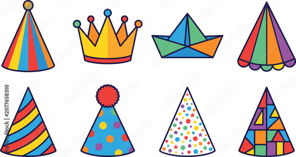 Obraz premium Colorful Party Hat and Crown Icon Set for Birthday Celebration and Festive Events