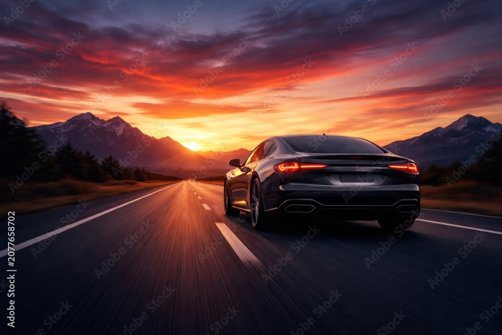 Fototapeta premium Luxury car driving at sunset.