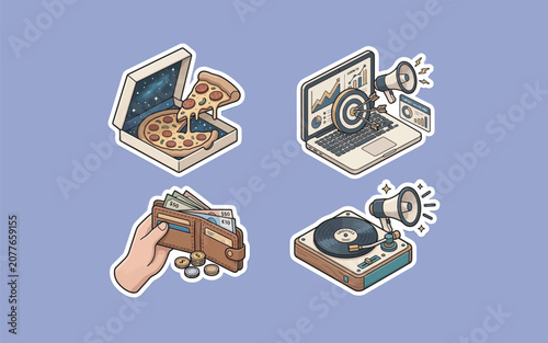 Creative Isometric Sticker Illustrations Set On Purple Background