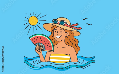 Charming Woman Cooling Off In Sea With Watermelon Hand Fan