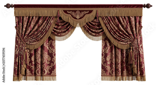Photography Ornate baroque damask burgundy curtain valance set