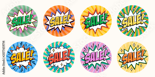 Sale comic sticker collection in round circle format with bold lettering on s...