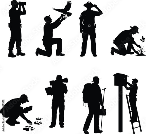 Fotografie Wildlife Conservation Ranger Black Silhouette Collection with Field Research Mon